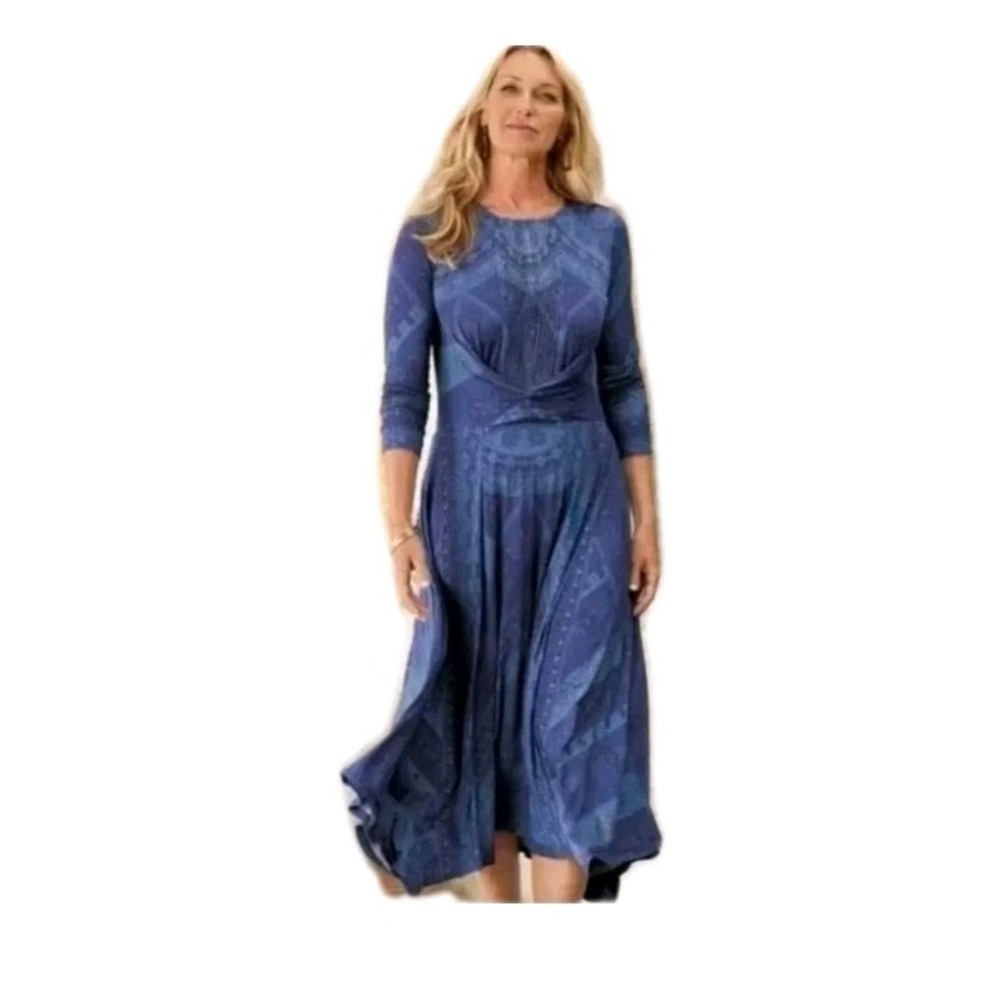 SOFT SURROUNDINGS PS Blue Swirl Pattern Long Sleeve Sexy Designer Dress Office